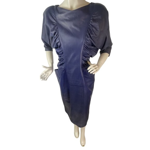80s Glam Womens Real Leather Dress Navy Blue Ruched Size 9 Glam Rock Dress - Picture 8 of 16